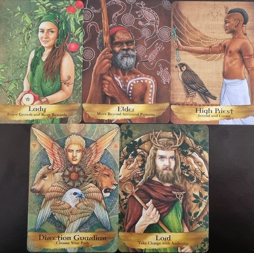 5 cards from Angels and Ancestors Oracle Deck by Kyle Gray with artwork by Lily Moses.