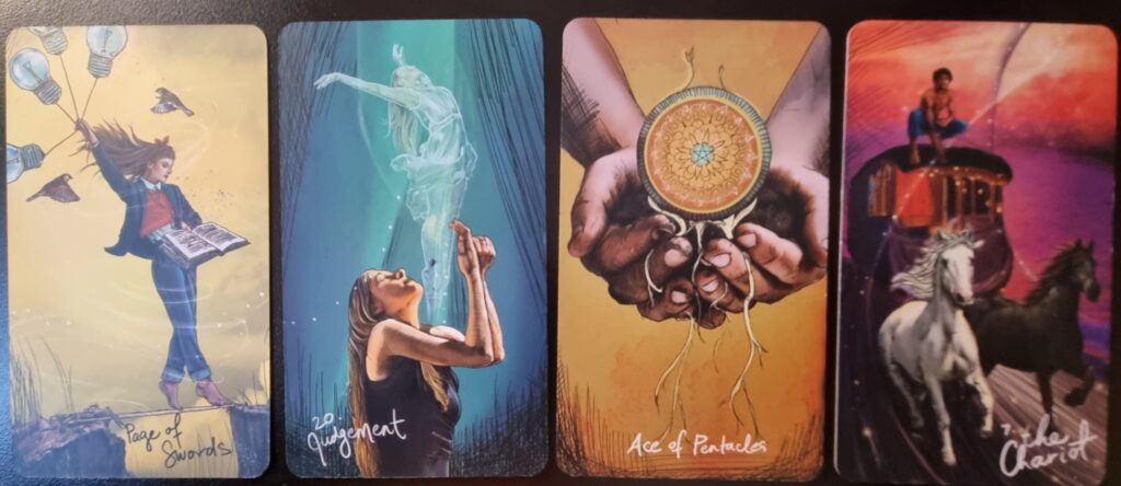 Choose who you want to be. 4 cards from Light Seers Tarot. Page Swords, Judgement, Ace Pentacles & Chariot