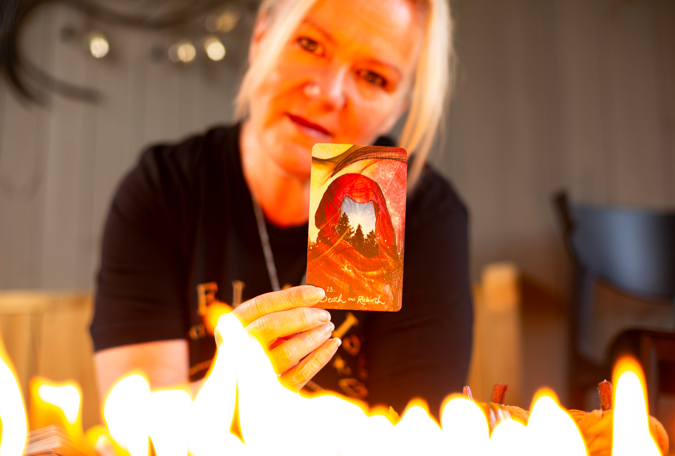 Debi with the Death and Rebirth card